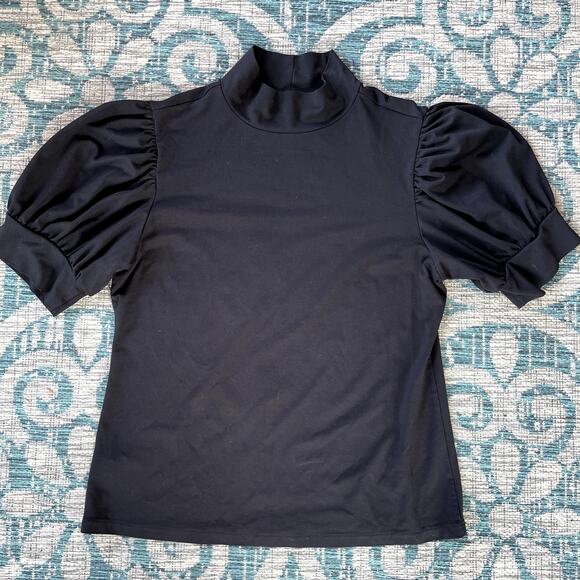 Ann Taylor Black‎ Mock Neck Knit Top Puff Short Sleeves - Size L - Picture 2 of 7
